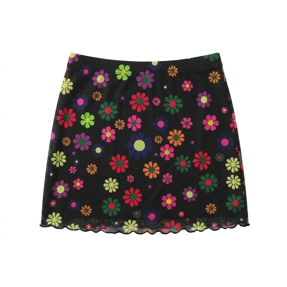 Shein Colorful Floral Mesh Mini Skirt Black Multi Y2K Lettuce Hem Large